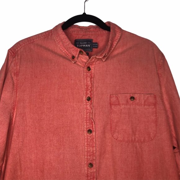 MENS TOPMAN RED CHAMBRAY LONG SLEEVE BUTTON DOWN SHIRT with POCKET XL - Picture 2 of 9